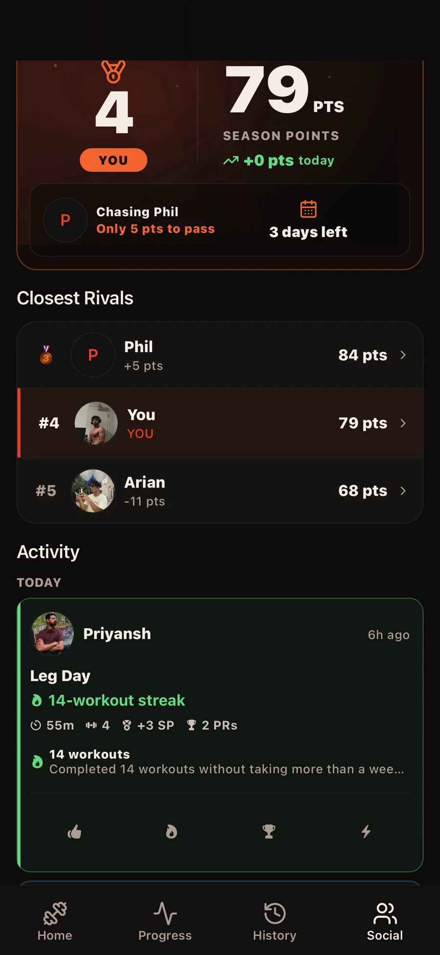 Repolve friends activity feed showing workout streaks, personal records, and reactions