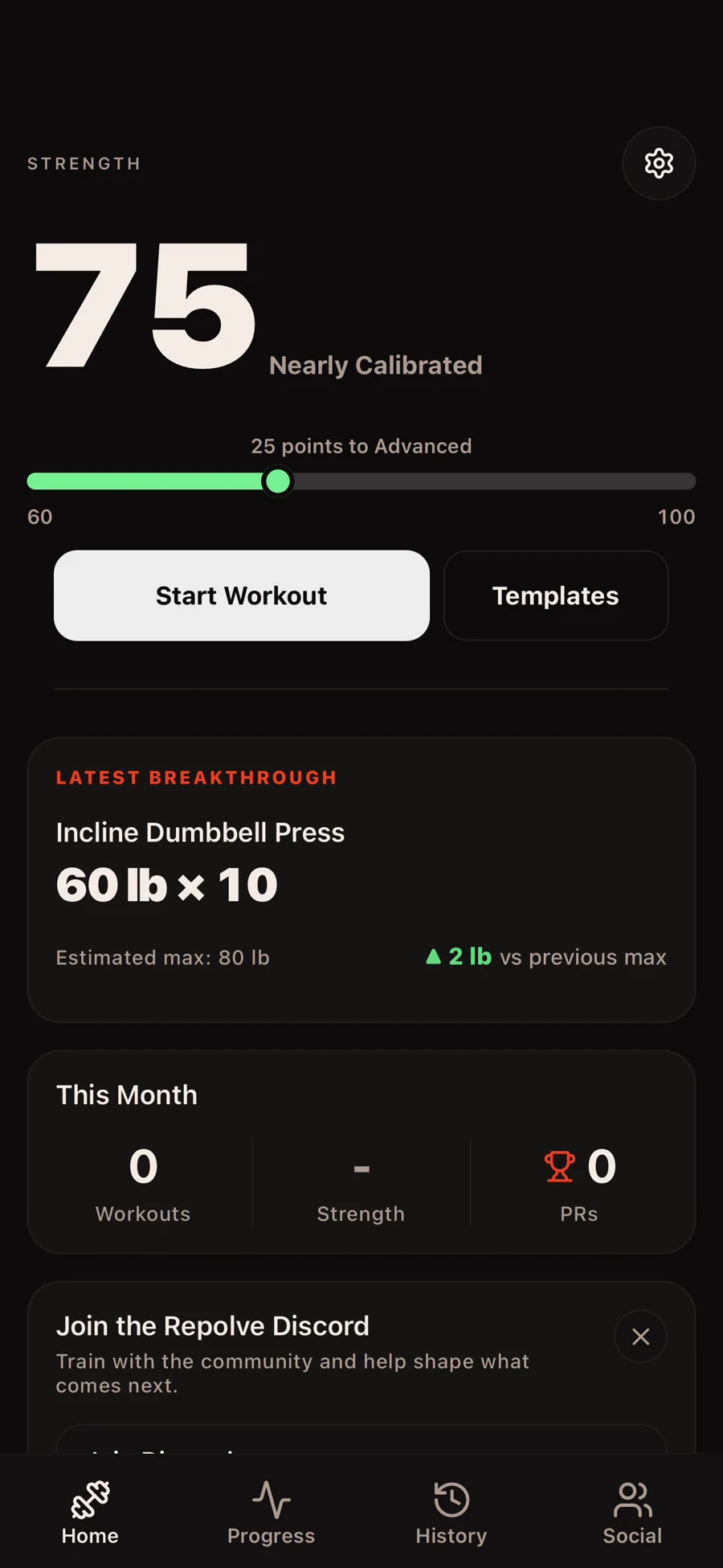 Repolve Home screen showing a Strength Score of 75, a recent personal record, and monthly training progress