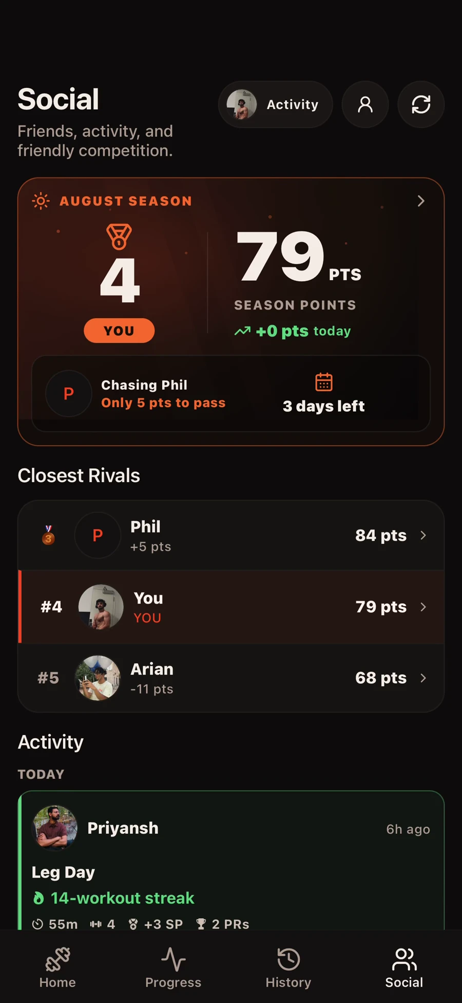 Repolve season leaderboard showing the user between their closest rivals